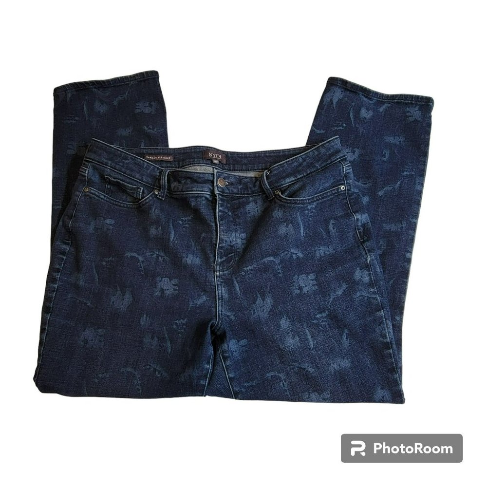 NYDJ Jeans, Women 18P, Denim w/Abstract Leaf Print, LiftxTuck Tech, Straight,EUC - Picture 2 of 14